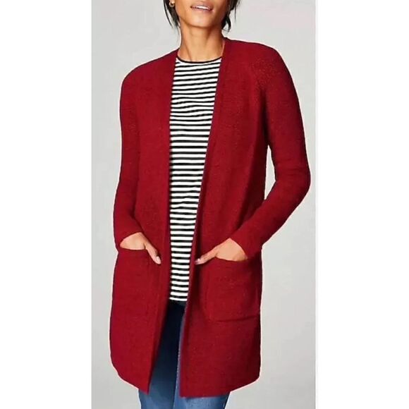 J Jill Easy Textured Long Open Front Cardigan Heathered Red Size MT - Picture 1 of 16